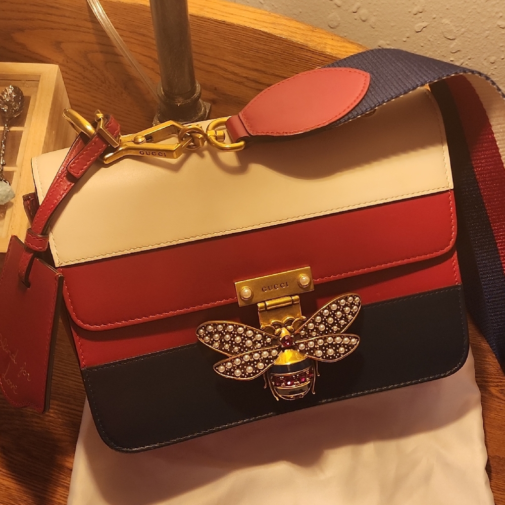 Gucci Cream, Red & Navy Leather Shoulder Bag with Jeweled Bee